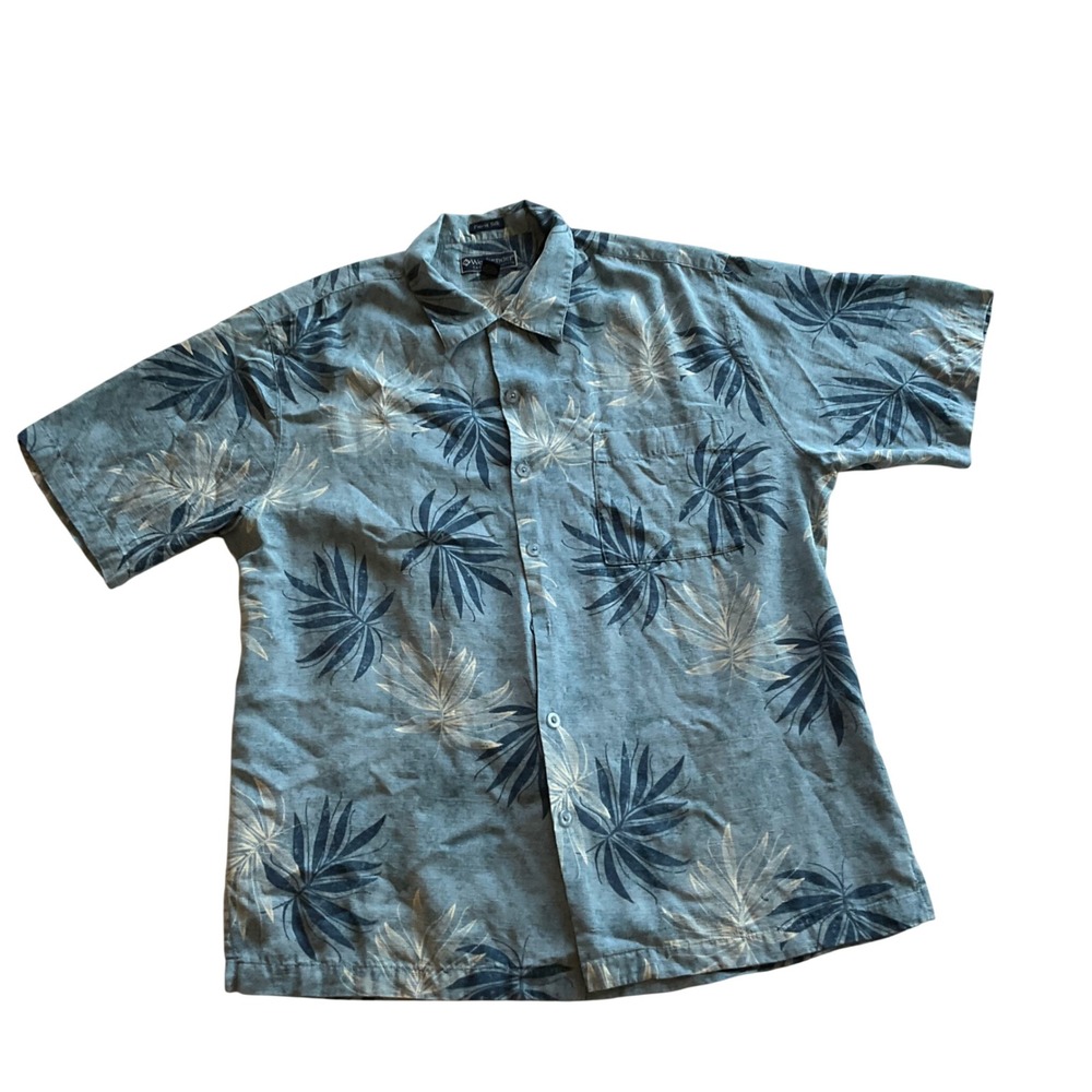 Weekender‎ Silk Blend Tropical Palm Shirt Mens Large Blue Short Sleeve